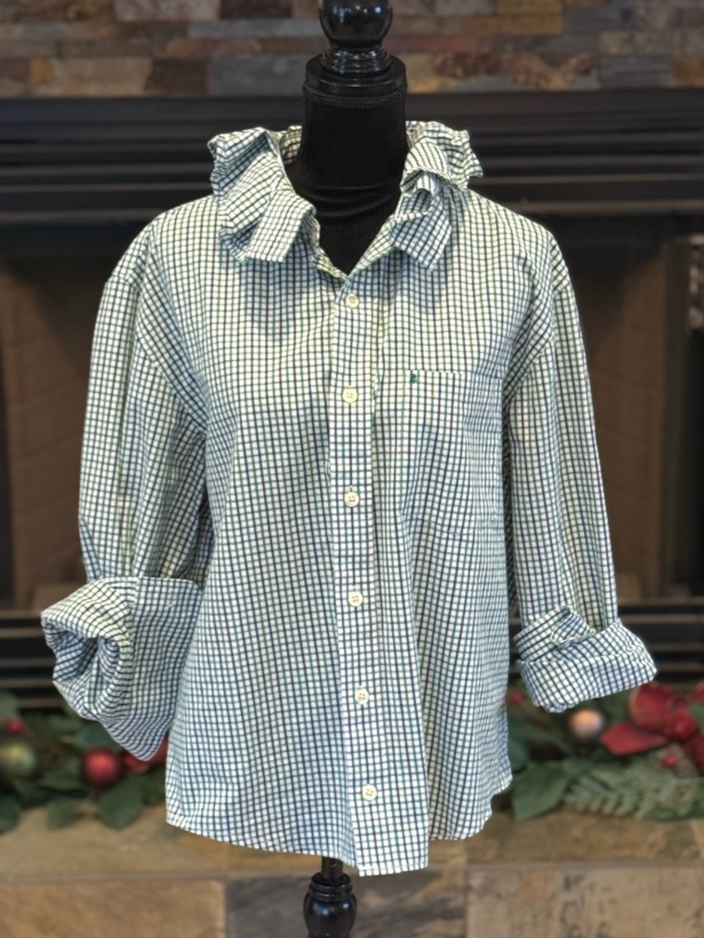Upcycled Izod Green and White Check Button-Up Blouse